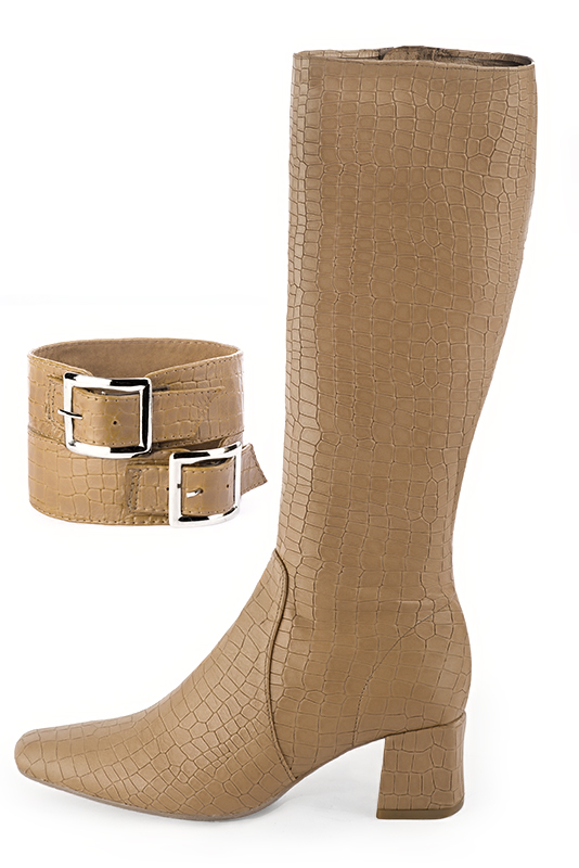 Camel beige women's calf bracelets, to wear over boots. Top view - Florence KOOIJMAN